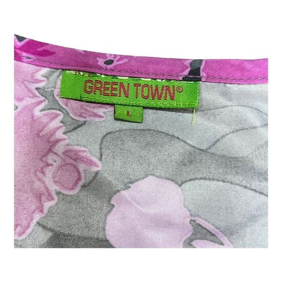 Green Town Size L Scrub Top Stretch Sides Slimming Hot Pink Floral Spring Flower - Picture 2 of 4